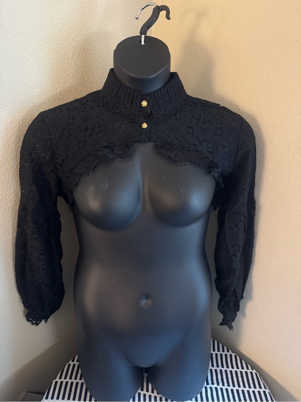 Black Lace Cropped Bolero Shrug with High Collar and Gold Buttons NWOT